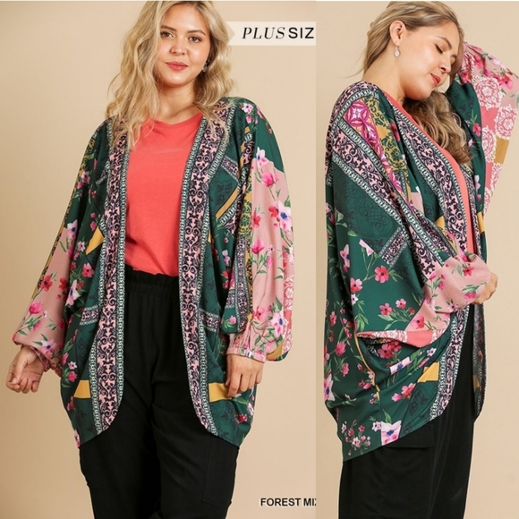 Umgee Sweaters - Umgee Plus Floral Scarf Print Puff Sleeve Kimono XL